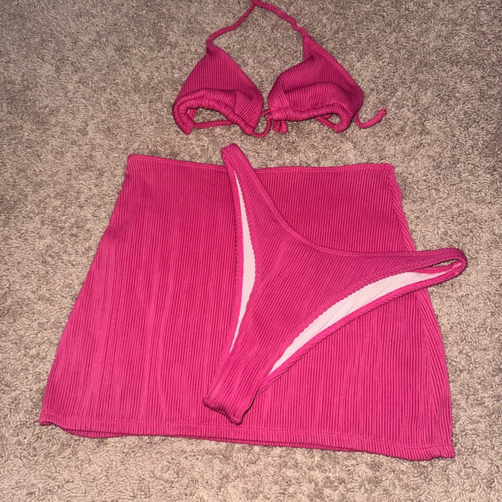 SHEIN Hot Pink Ribbed Triangle Bikini Set with Skirt